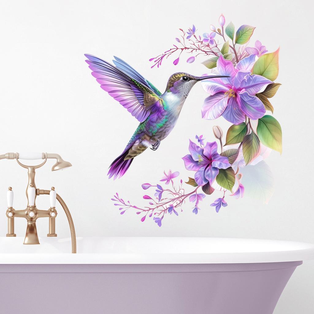 Creative Watercolor Purple Flower Wreath Hummingbird Wall Sticker for Living Room Bedroom Cabinet Home Decoration