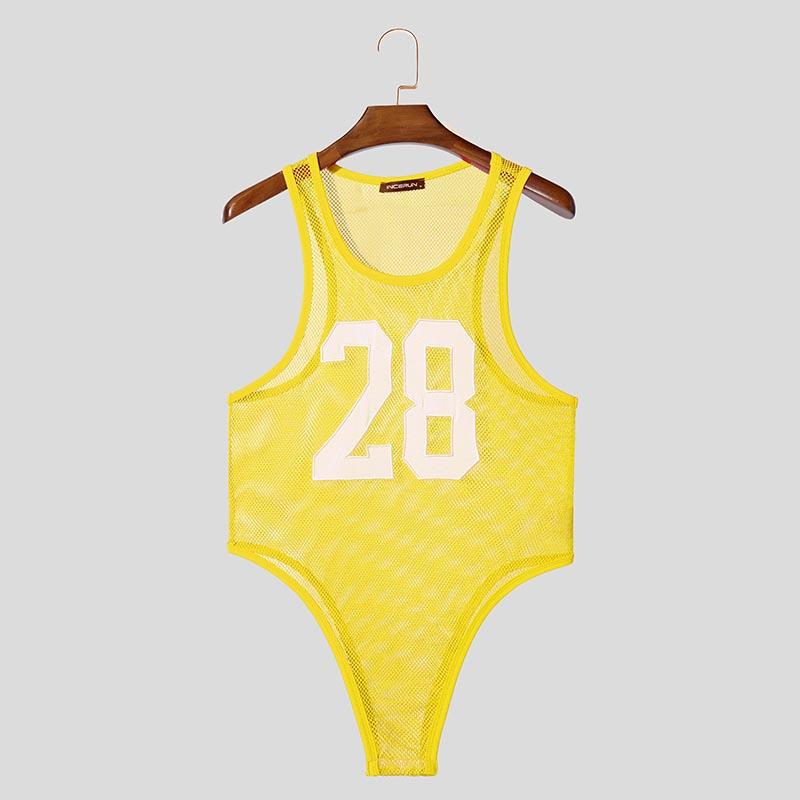 INCERUN Men Sleeveless Letter Print Mesh Bodysuits See Through Fitted Briefs Jumpsuits