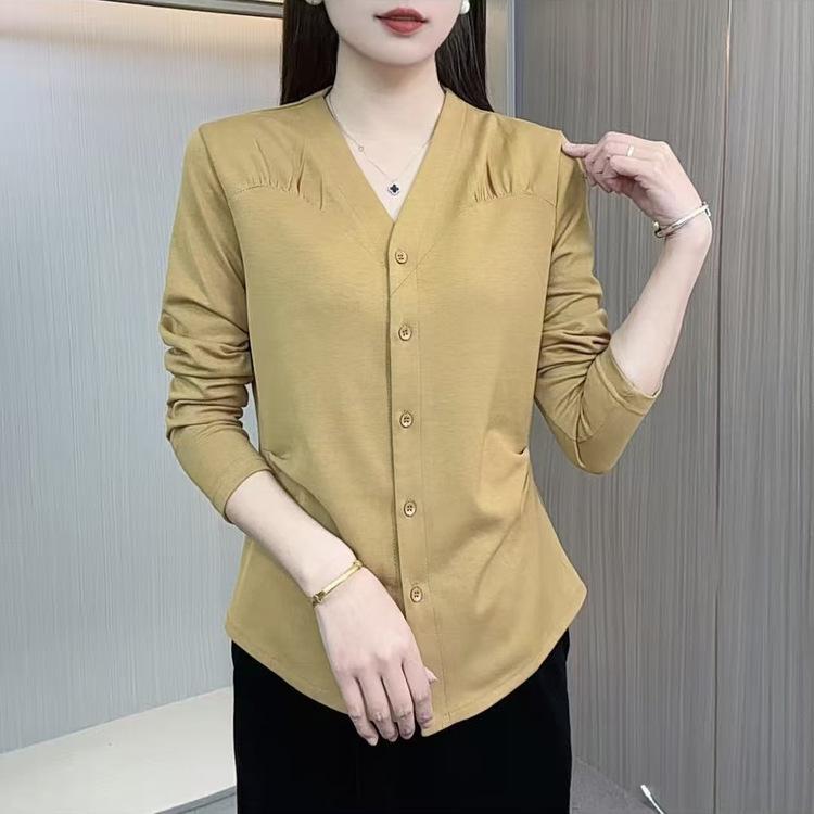 

2026 Summer Pleated V-neck Long Sleeve Top - Fashionable, Versatile, Age-defying Style 2XL for 120-130 lbs жовтий
