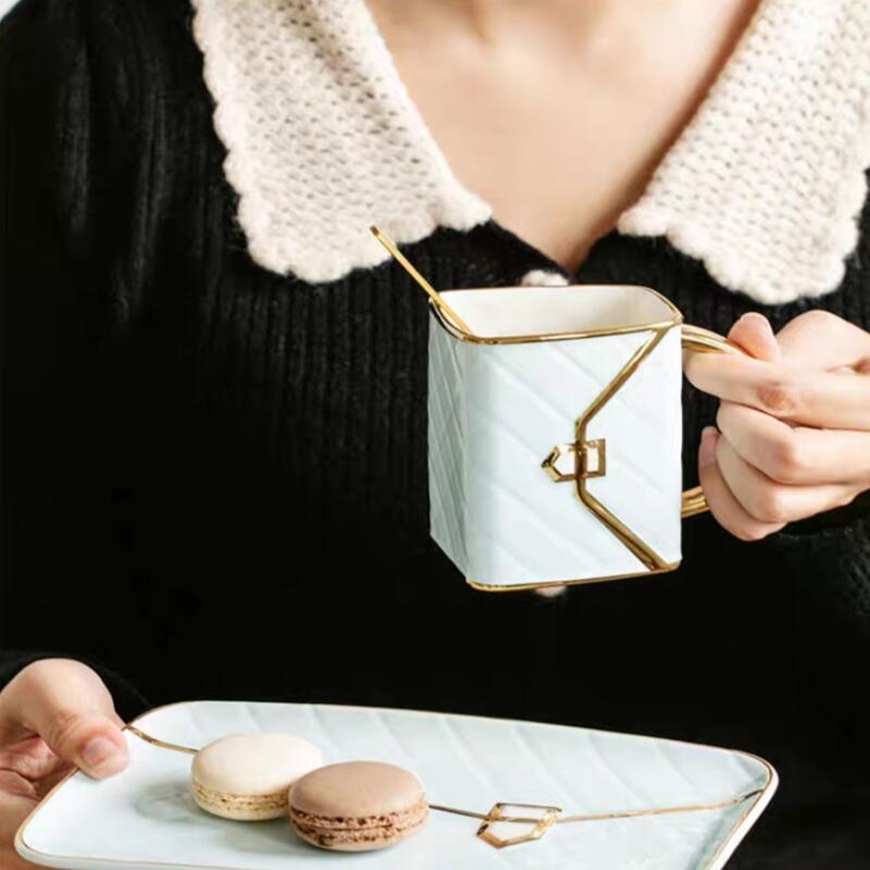 Quilted luxury bag, ceramic mug, plate, and spoon set for one person