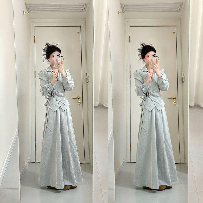 

2026 Spring Korean Lace-up V-neck Blouse & Skirt Two-Piece Set for Women L