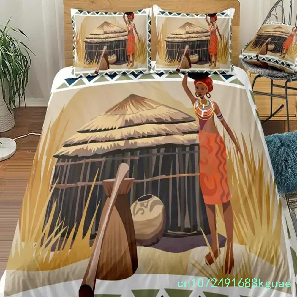 African Woman King Queen Duvet Cover Retro Exotic Tribal Black Girl Pattern Bedding Set Africa Polyester Quilt Cover Pillowcase