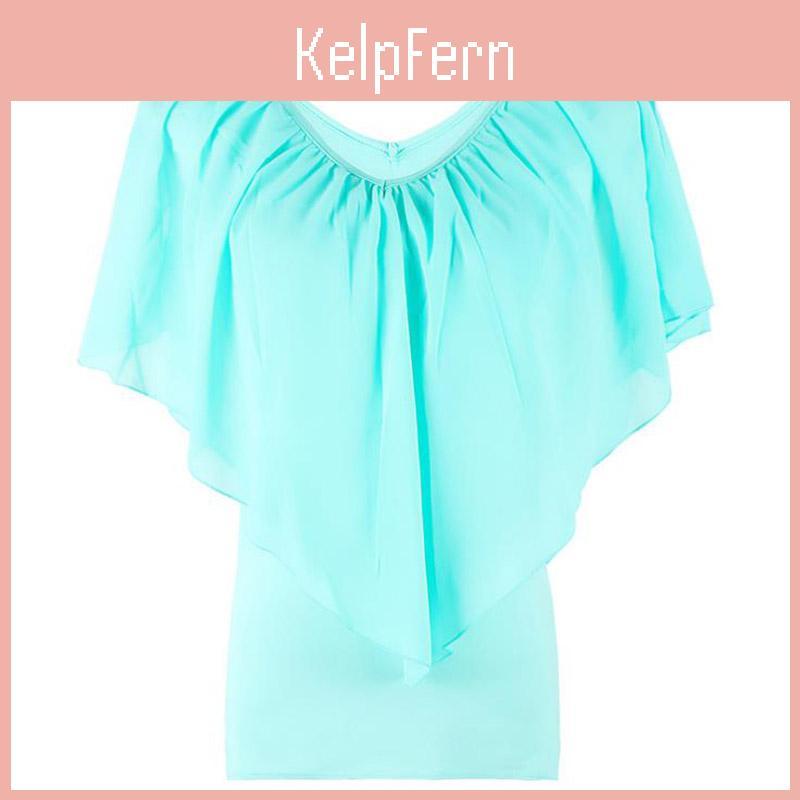Elegant Womens V Neck Tunic Chiffon Top T-shirt With Short Sleeves And Loose Fit