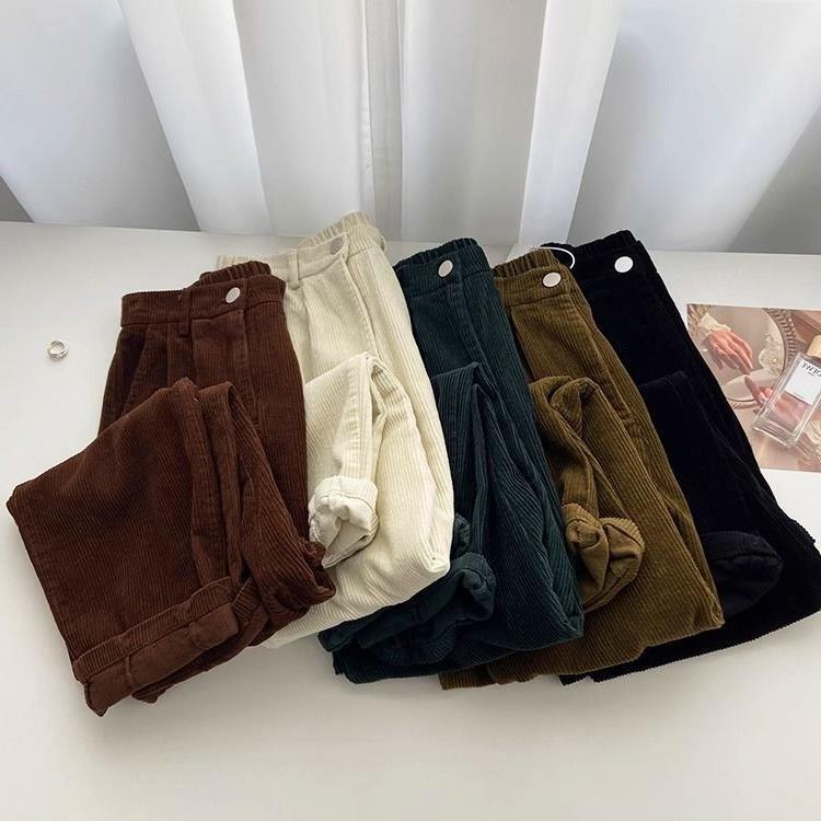 Pantaloni retro din velur cu talie înaltă, femei, primăvară, toamnă, drepti, casual, cu lungime întreagă, pantaloni largi, negri, de modă coreeană.