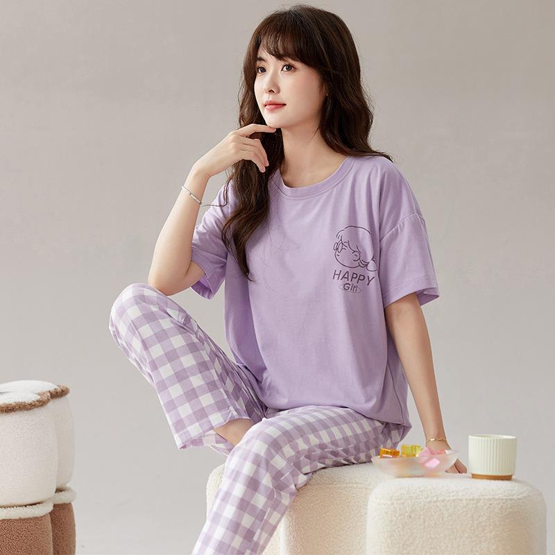 Short-sleeved long pants pajamas women's summer cartoon cute can be worn outside plaid loungewear imitation cotton suit summer thin