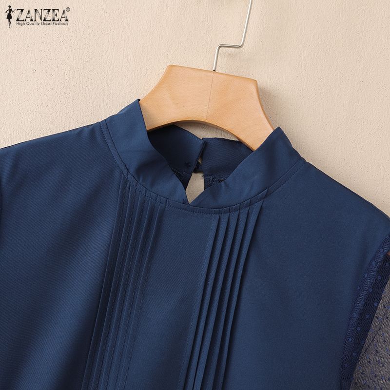 ZANZEA Women Casual Stand Collar Loose Sheer Mesh Splice 3/4 Sleeve Blouse