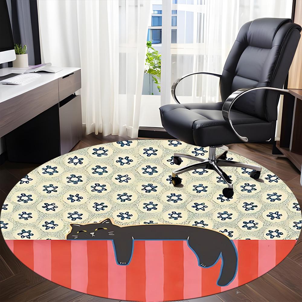 1pc Cat Floral Pattern Office Round Area Rug, Indoor Mat Suitable For Office, Under Office Chairs Bedroom Living Room Home Decor, Room Deco