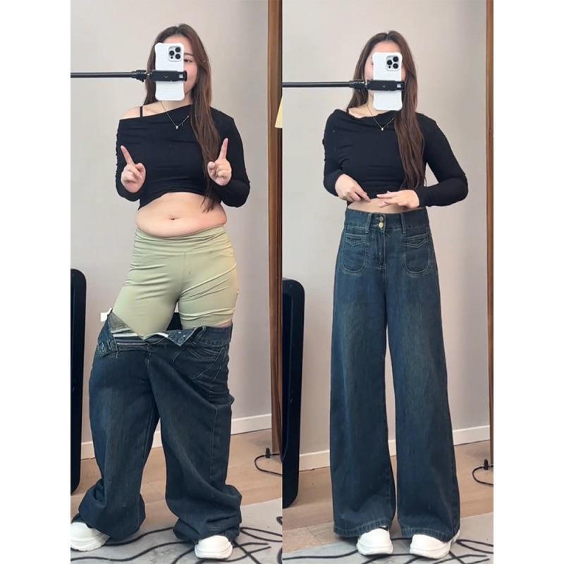 

Женские ретро джинсы с широкими штанинами на высокой посадке с флисовой подкладкой - Большой размер, Стройнящие, Свободный крой, Осенняя одежда 2XL