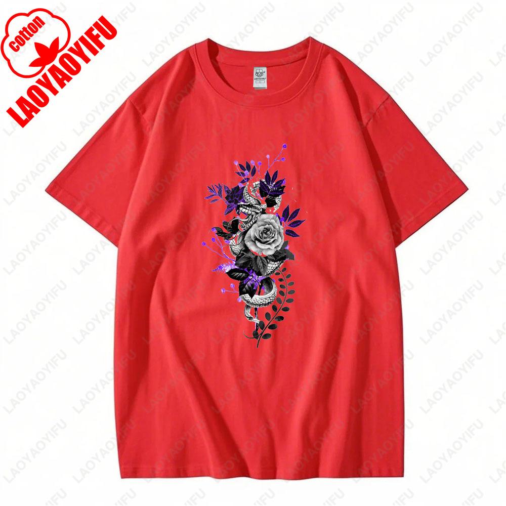 Gotische Schlange und Blumen T-Shirt Künstlerischer Retro Gothic Stil Florale Ästhetik Grafik T-Shirts Herren Damen Baumwolle Klassisches Tee