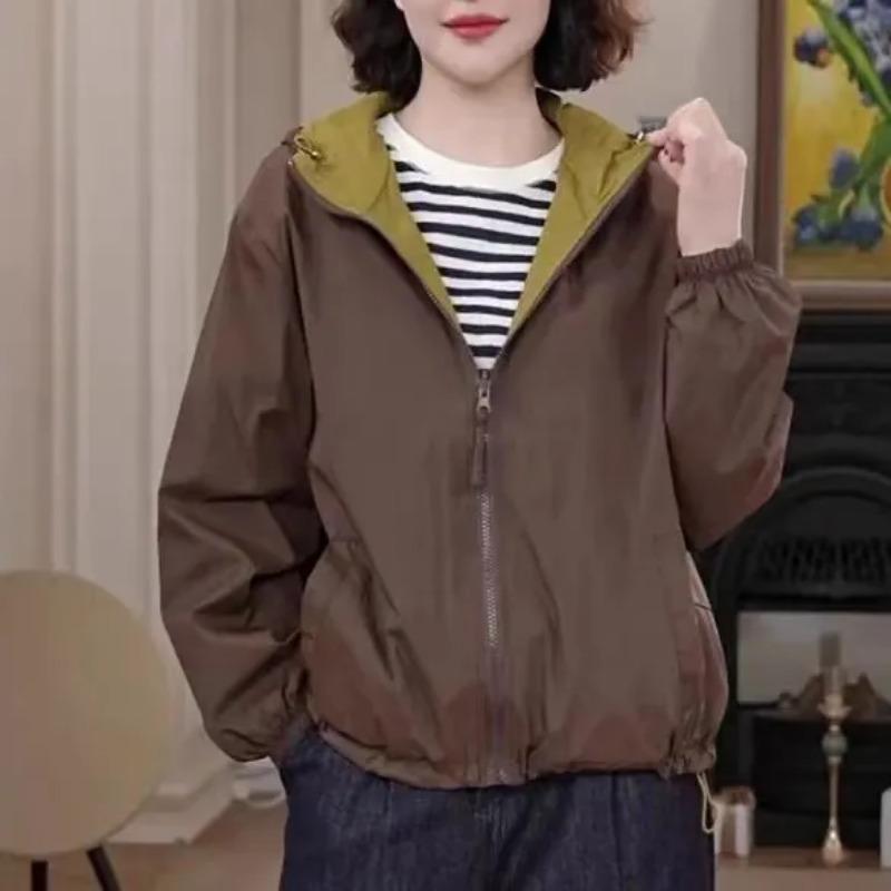 Double-sided Color-blocking Loose Short Jacket Spring and Autumn Hooded Versatile Fashion Top Jacket Sun Protection Clothes
