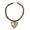 Trendy Double Layer Heart Pendant Necklace with Adjustable Leopard Print Cord Vintage Style Neckchain Jewelry for Women