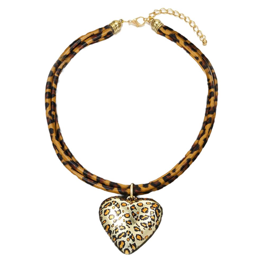 Trendy Double Layer Heart Pendant Necklace with Adjustable Leopard Print Cord Vintage Style Neckchain Jewelry for Women