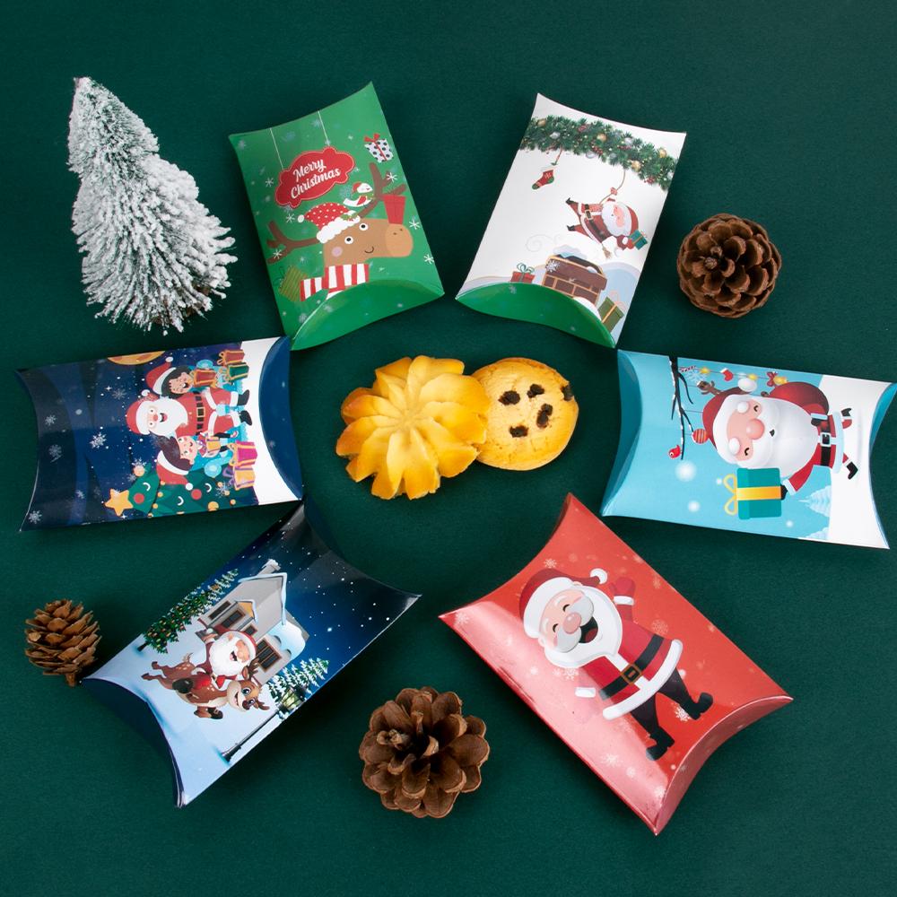 12/24pcs Christmas Pillow Shape Treat Candy Boxes Xmas Eve Cookie Gift Packaging Box 2025 Merry Christmas New Year Present Decor
