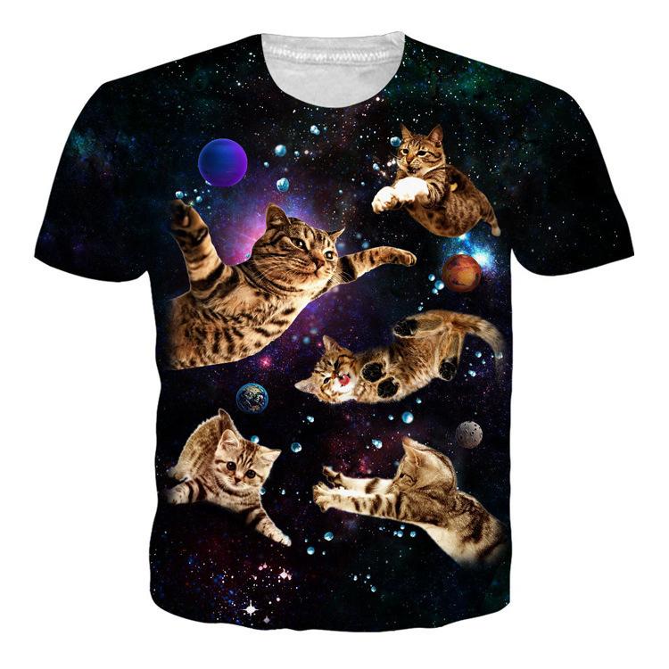 Cool Galaxy Cat Print T-Shirt, Short Sleeve Casual Tee for Everyday Fun