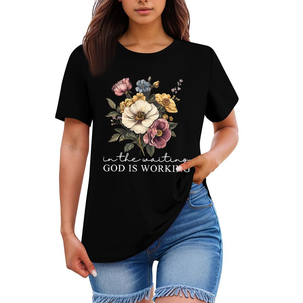 Ladies' Loose Comfortable Casual Fashionable Plant Flower Printed Round Neck Short Sleeved Shirt