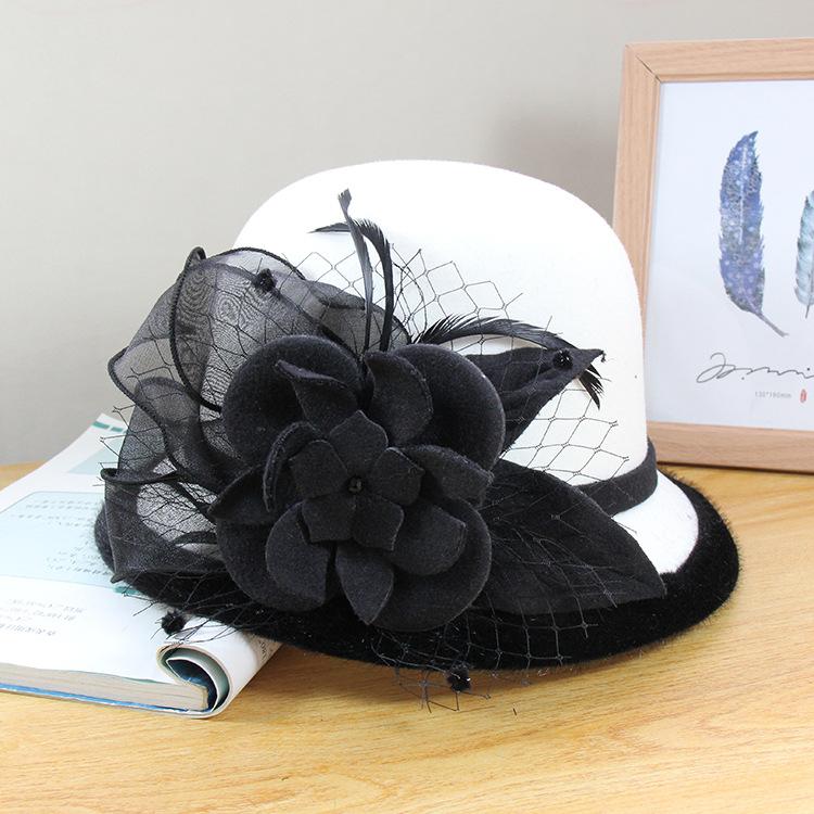 Europäisches und Amerikanisches Temperament Elegantes Netzblumen Modehut Damen Herbst und Winter Kuppel Großrand Zylinder Mode Outdoor Vielseitiger Basin Hut