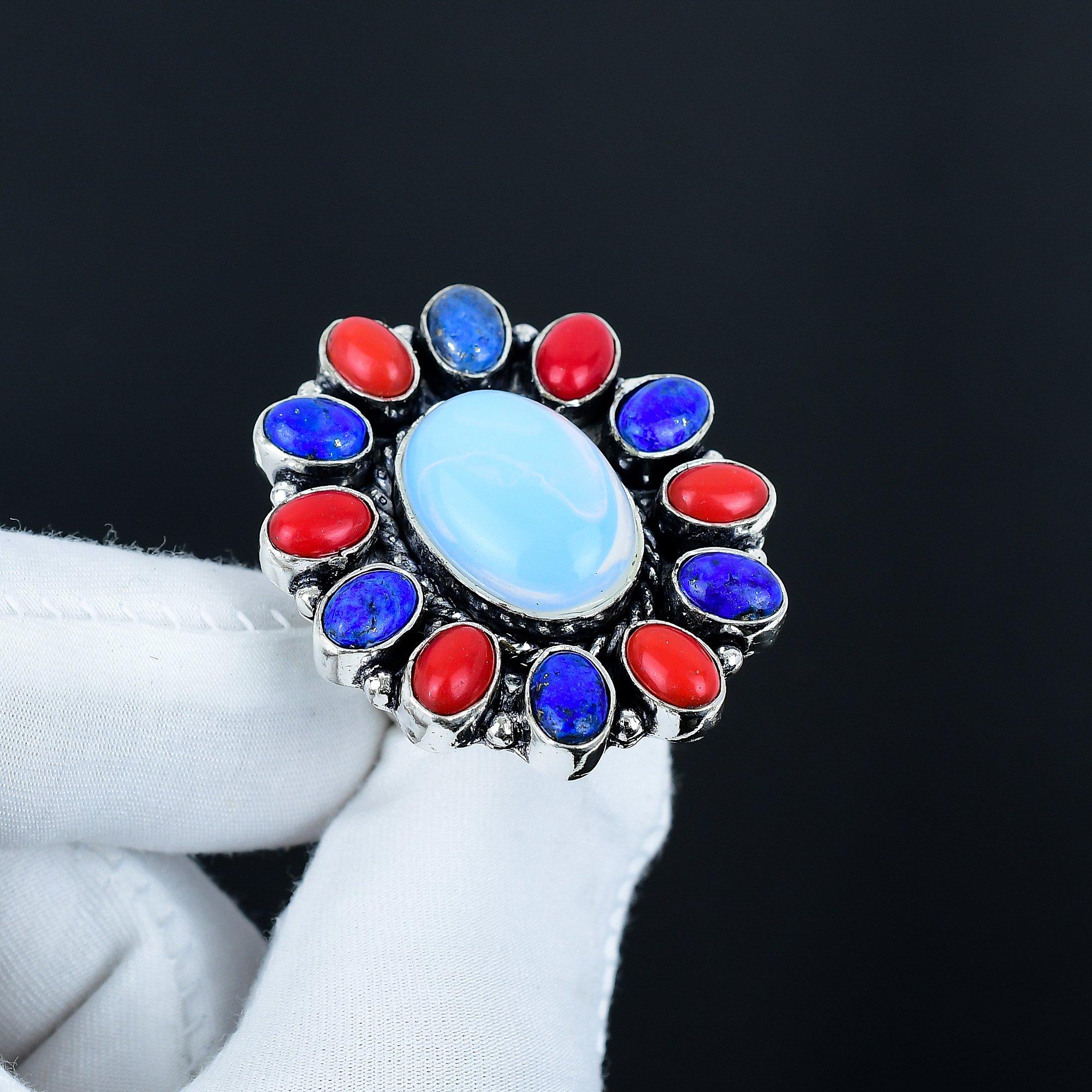 

Кольцо с молочным опалом, лазуритом, красным кораллом, кольцо из стерлингового серебра 925 пробы, подарок для нее, овальный камень, элегантное кольцо ручной работы, серебряное кольцо с цветком US 16 белый