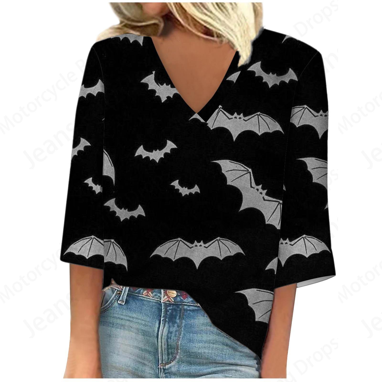 

Большие размеры Женский повседневный топ с длинными рукавами и V-образным вырезом Футболки с 3D-принтом на Хэллоуин 5XL