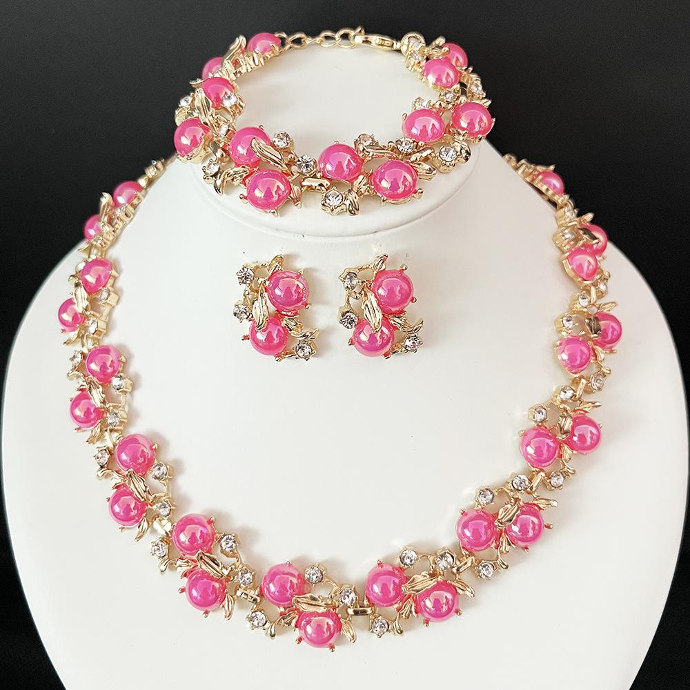 Collar, pendientes y pulsera de moda de color caramelo transfronterizos europeos y americanos, conjunto de joyería de boda con diamantes brillantes exquisitos, joyería de estilo de corte