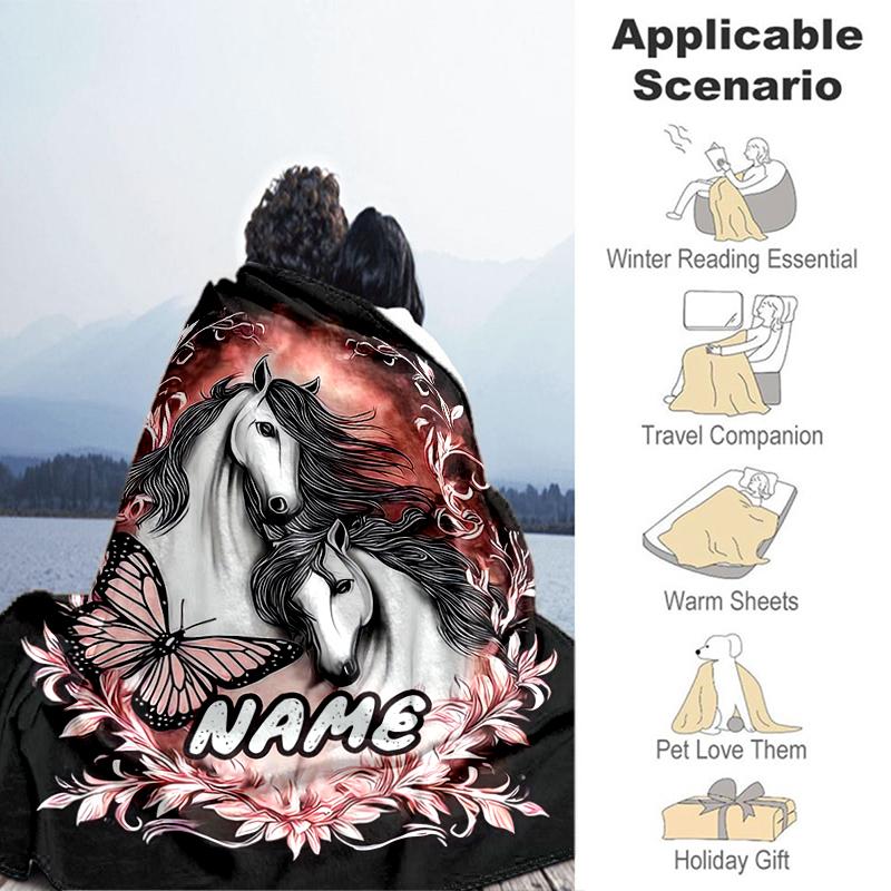 1PC Custom Name Horses Butterflies Artwork Flannel Blankets Patterns Throw Blanket All-Season Soft Gift for Couch, Bed, Camping Gifts
