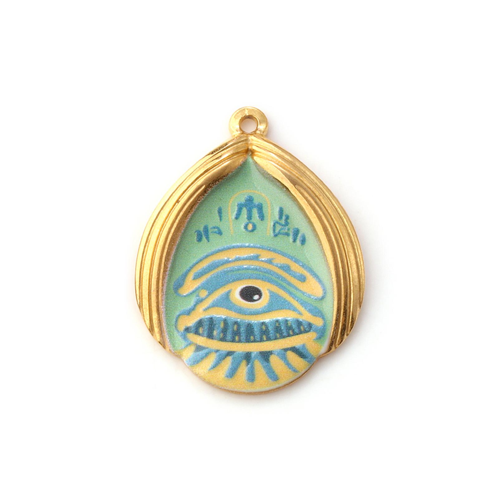 

1 Pc 304 Stainless Steel Religious Pendants 18K Gold Plated Drop Evil Eye Printed Charms For Keychain Necklace DIY 3.2cm x 2.5cm зелений