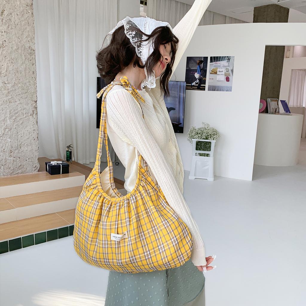 Korean Style Ruched Tote Bag, Plaid Large Capacity Shopping Handbag, Chic Versatile Single Shoulder Commuter Purse KTB