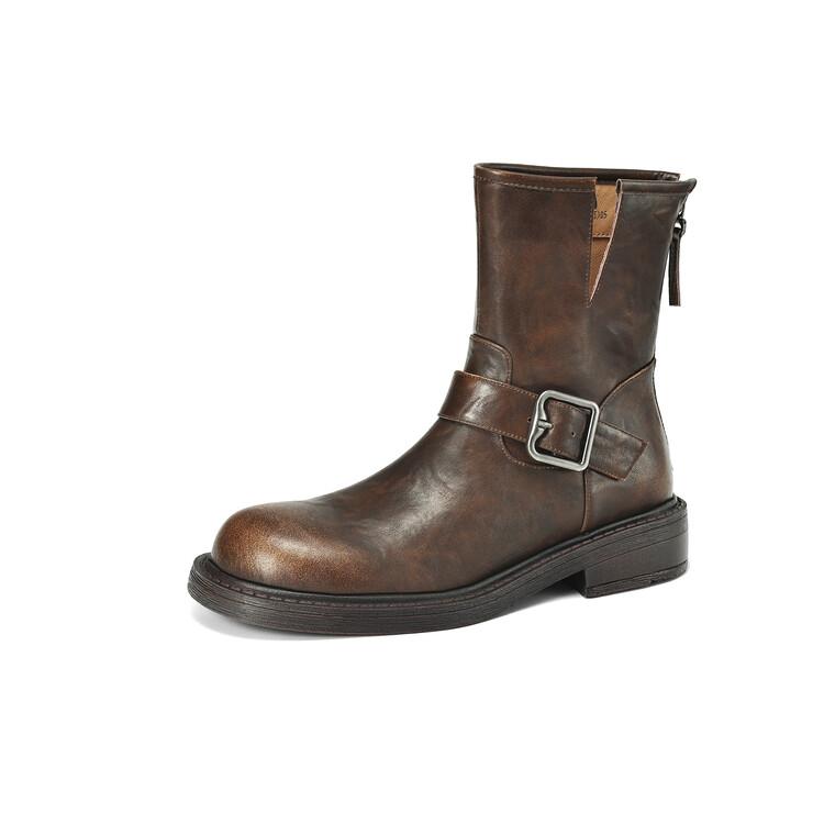 Fashion NEW Autumn Women Boots Split Leather Shoes for Women Round Toe Chunky Heel Shoes Zipper Short Boots Casual Buckle Western Boots