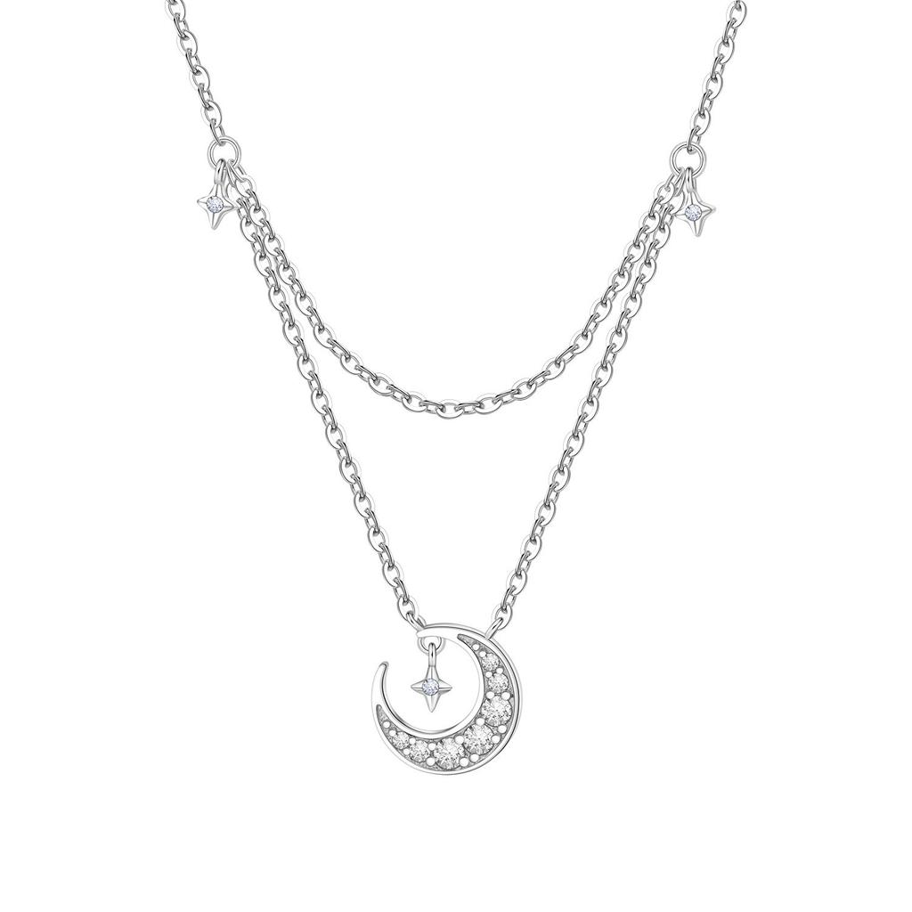 S925 Silver Fashion Star Moon Double Chain Drop Pendant Moon Octagram Zircon Fringe Necklace