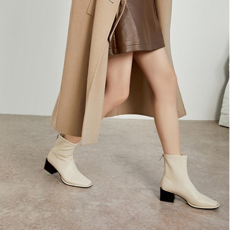 Damen Chelsea Boots Leder Hohe Absätze Winterschuhe Klassiker Chelsea Boots Quadratische Zehenpartie Reißverschluss Prägnant Dating Stiefeletten D485