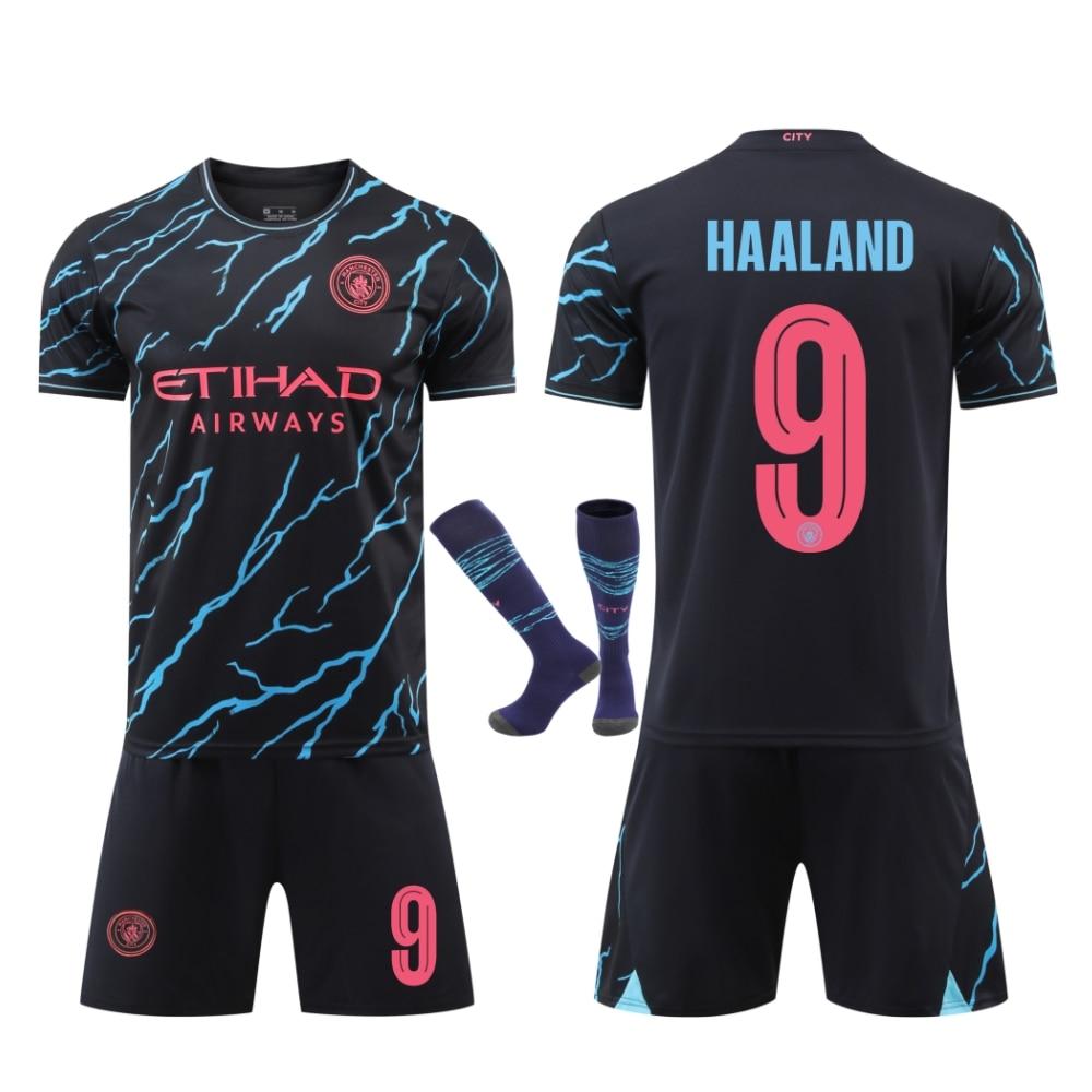 Man City Haaland Set Maglia da Calcio per Bambini Nero Attrezzatura Sportiva Partita di Allenamento Kit da Calcio Bambini