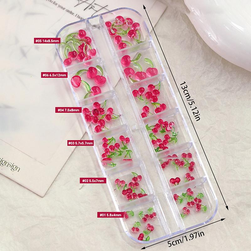6/12 Grid 3D Cherry Resin Nail Charms Luxury Red Cherry Fruits Crystal Rhinestone Diy Gems Diamonds For Diy Nail Art Decoration 12 grid