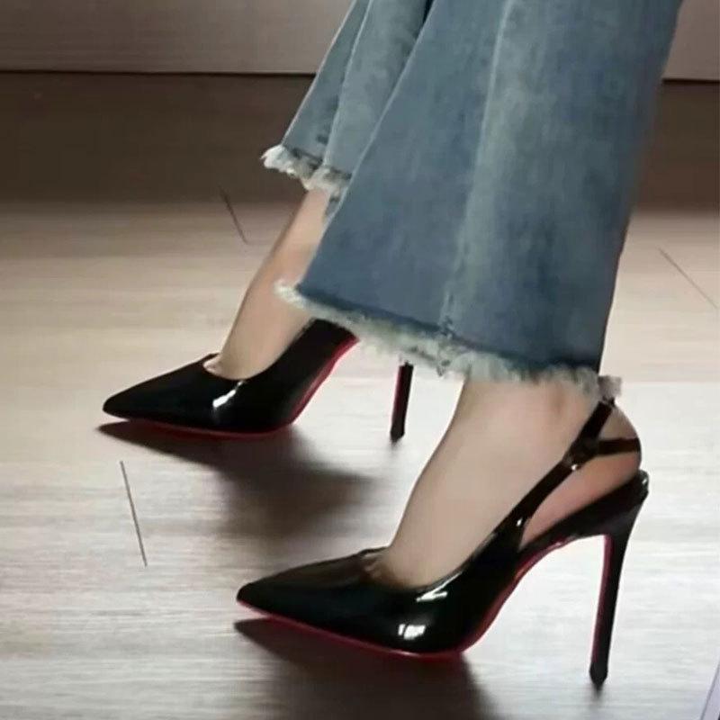 New Red Background, Black Patent Leather Pointed Tip Thin Heel Royal Sister Sexy High Heels Femininity Bag Head Sandals