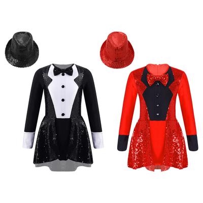 Girls Sequined Leotard Long Sleeve Round Neck Patchwork Zipper Design Paillette Fedora Hat Dress Up Costume