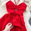 Design Hollow-out Wrap-around Hanging Neck Dress Scheming Strap Slim Fit Long Over-the-Knee Split Vacation Suspender Dress
