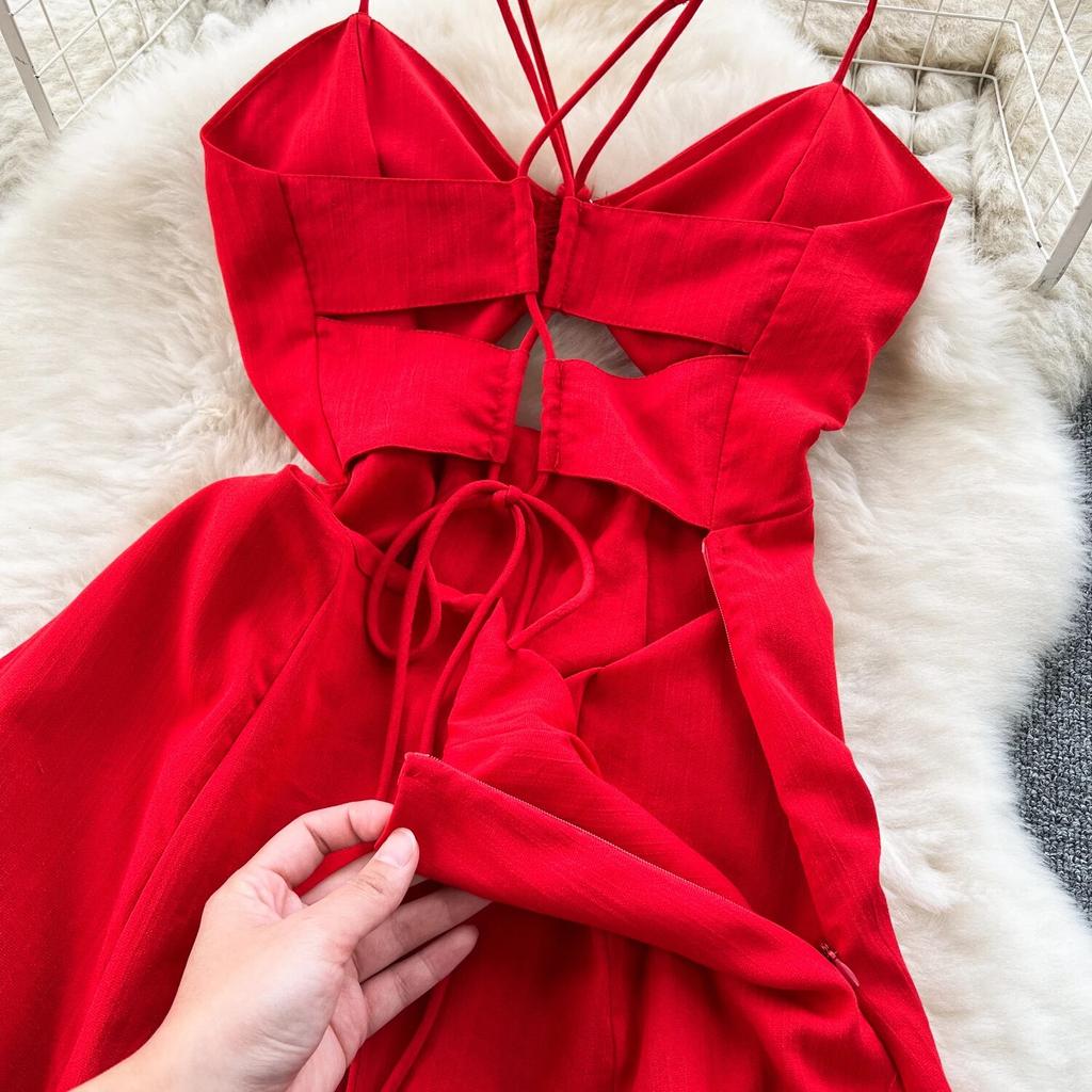 Design Hollow-out Wrap-around Hanging Neck Dress Scheming Strap Slim Fit Long Over-the-Knee Split Vacation Suspender Dress