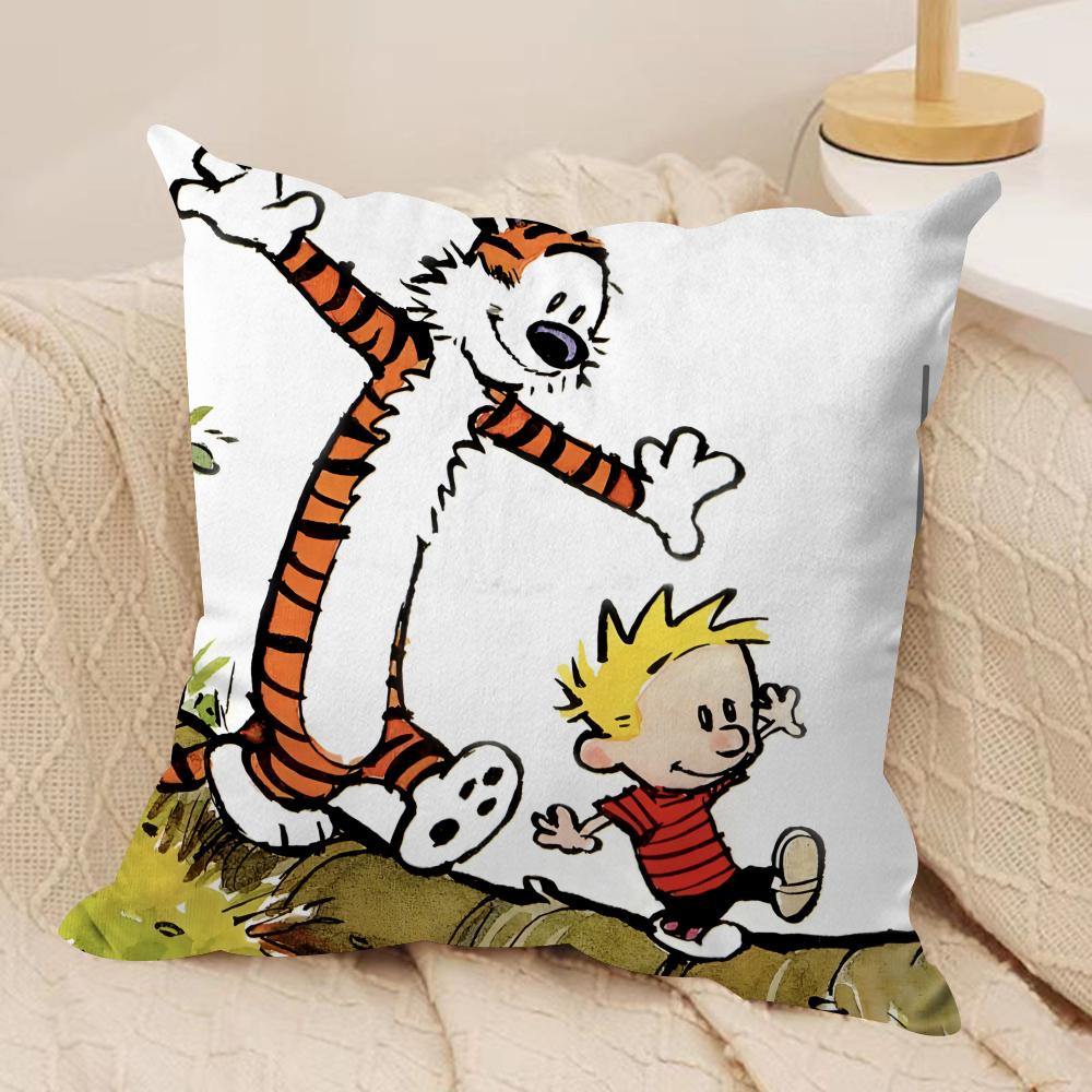 Cartoon CCalvin Hobbes Cute Cushion Cover Silky Short Plush Invisible Zipper Dustproof Sofa Pillow Case For Home Decor