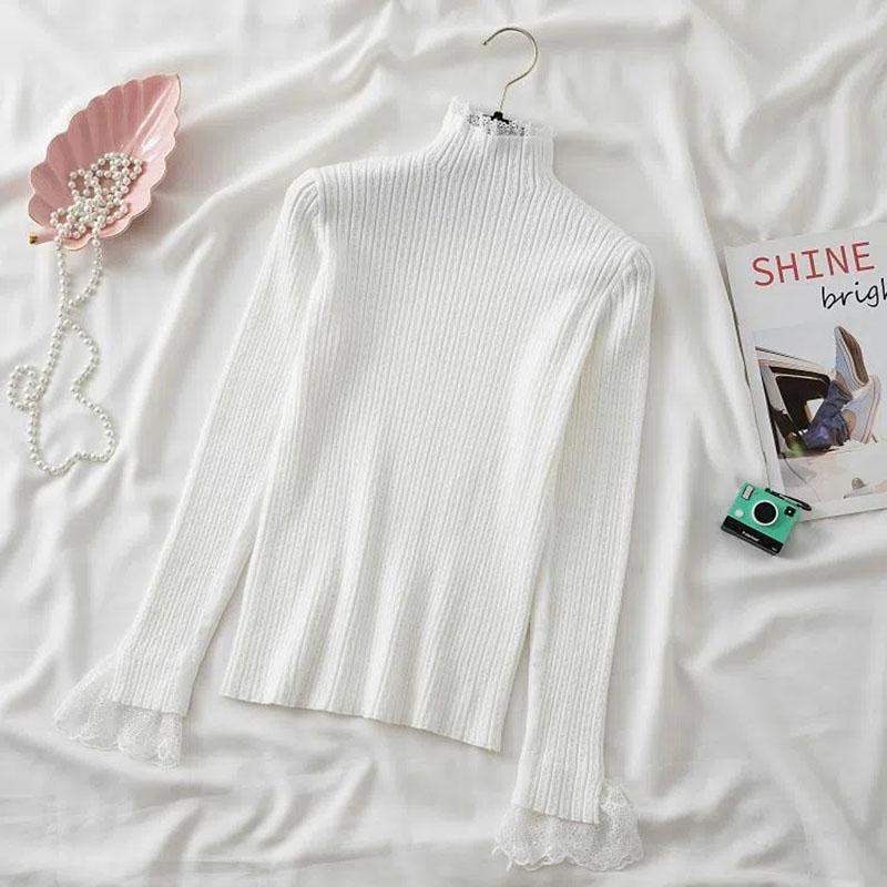 

Вязаный свитер с высоким воротником и длинными рукавами, женский пуловер, женский кружевной мозаичный женский джемпер на осень и зиму, свитер внутри = S белый