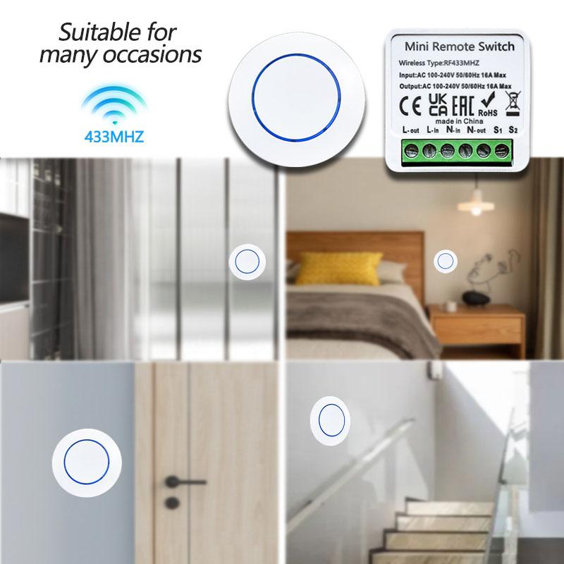 Wireless 433MHz Remote Control Switch Mini Round Button Panel Switch 16A Relay Receiver Module 100-240V LED Lamp DIY Home Auto