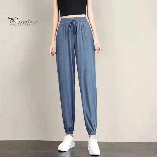 Summer Thin Ice Silk Sports Pants Elastic Drawstring Waist Pockets Casual Sweatpants Solid Color Loose Fit Fitness Trousers Streetwear