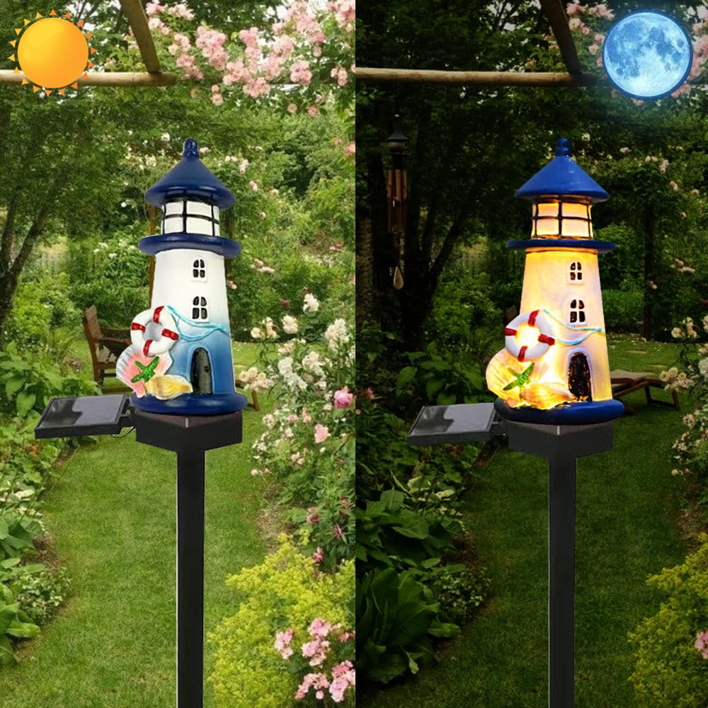 YZYOE Solar Blue and White Lighthouse Atmosphere Garden Decorative Resin Cute House Landscaping Wireless Dusk to Dawn LED Light with Light, Light,