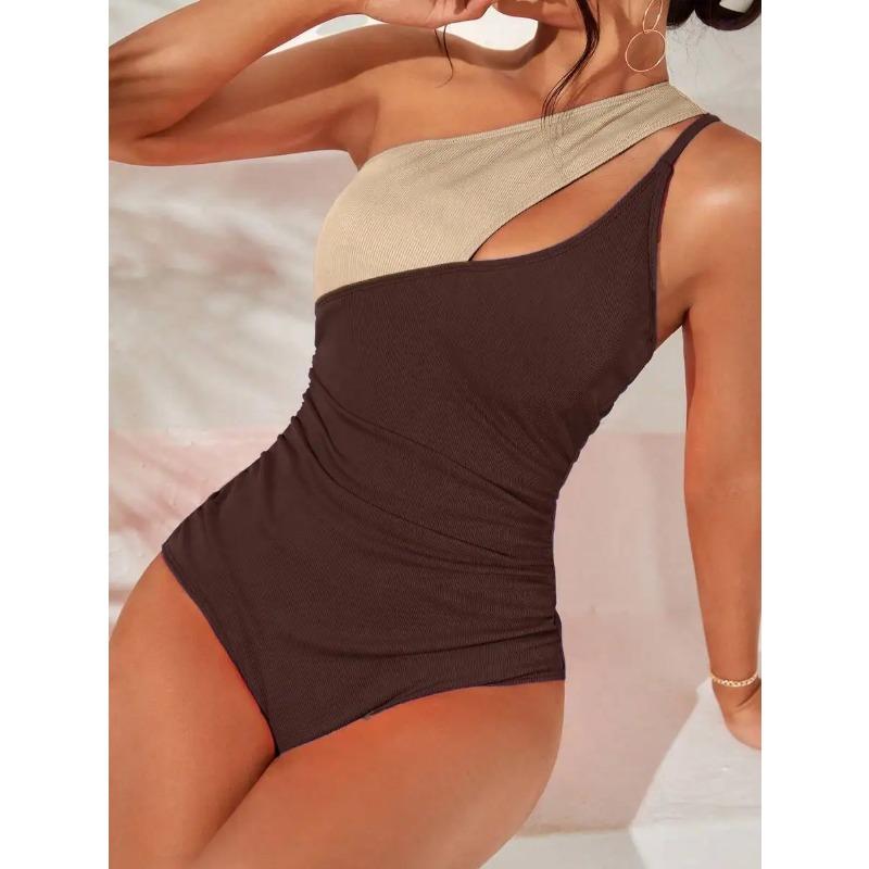 2025 Two Tone One Shoulder Ruched Side Swimsuit One Piece Swimwear Women Sexy Bather Bathing Swimming Swim Suit Female Beachwear