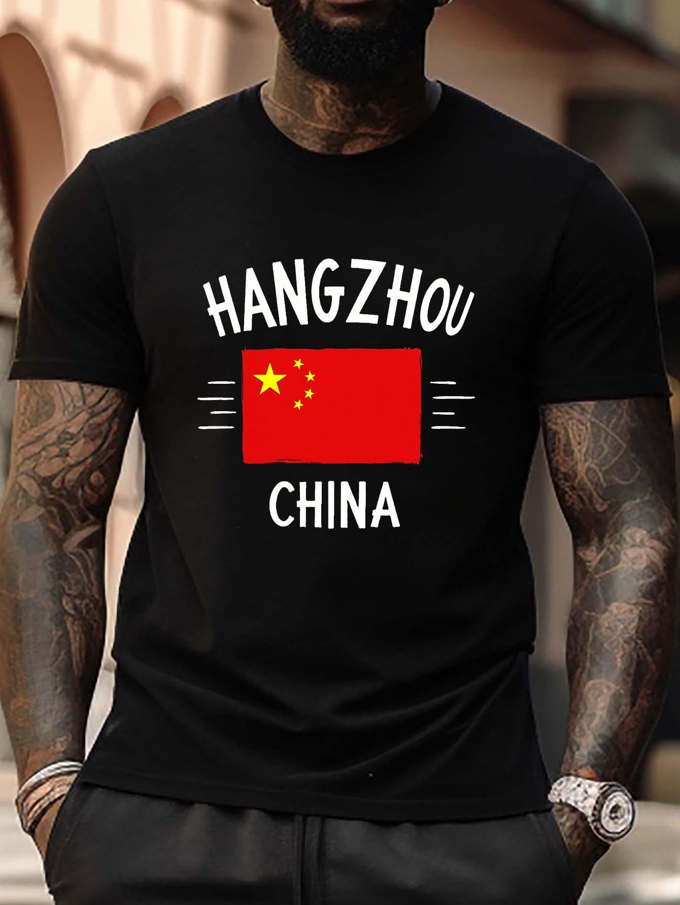 Plus Size T-shirt with Hangzhou China Flag Bold Typography - Casual Crew Neck S