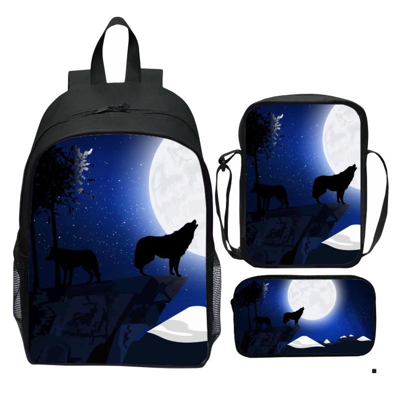 Printed Universe Starry Sky Backpack 3-Piece Set Animal Wolf Lion Backpack Small Shoulder Bag Pen Bag