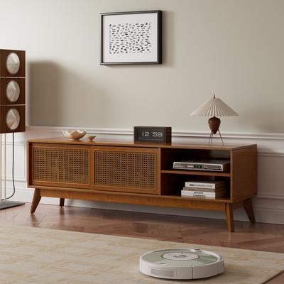 59 Zoll Mid Century Modern Rattan TV-Ständer für 65 Zoll TV, Medienkonsole für Wohnzimmer, Massivholzfüße & Rattan-Schranktüren - Helle Walnuss