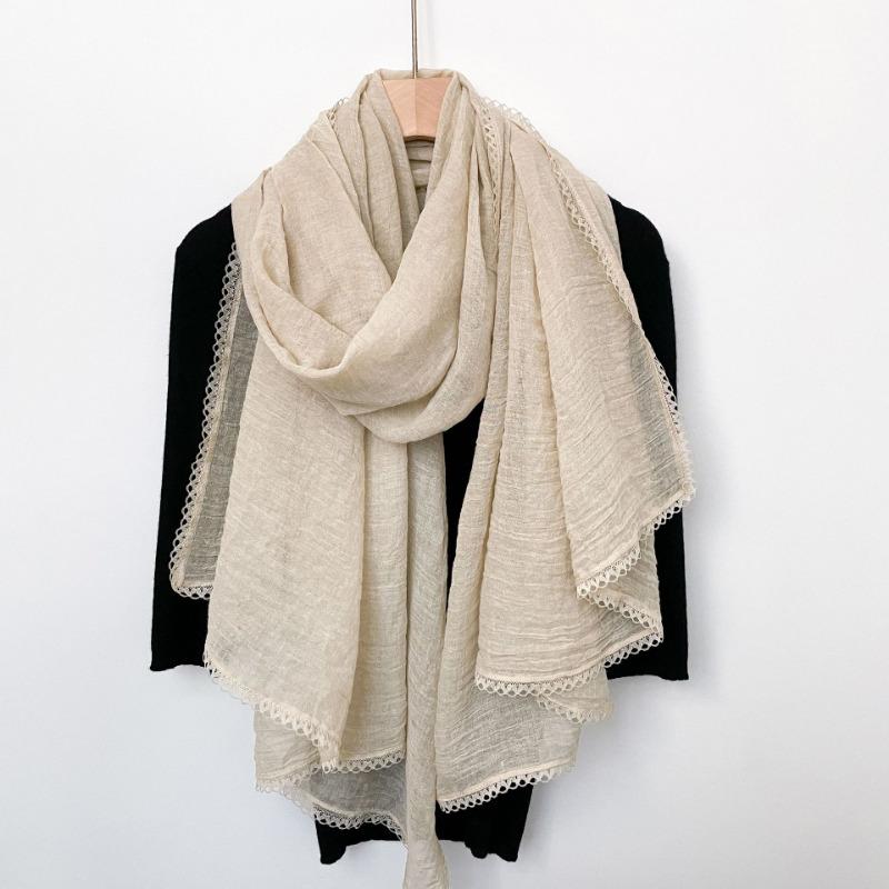 Spring New Lace Pleated Literary Yarn Thin Scarf, Women's Solid Color Cotton and Linen Silk Scarf, Neck Protection Scarf