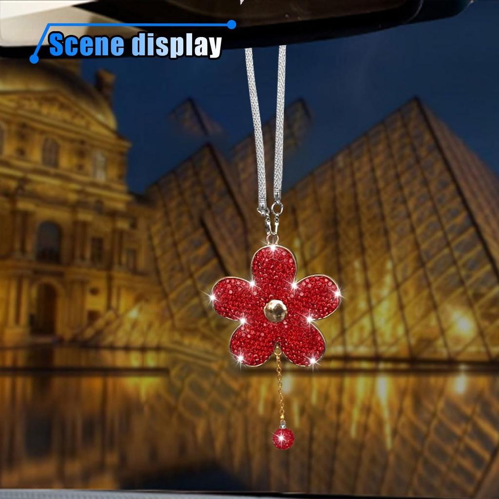 Bling Car Hanging Charm Accessories, Crystal Flower Car Rear View Mirror Pendant Decoration, Car Interior Ornament Accessories for Women Girls