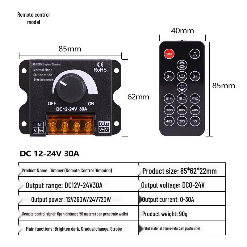 DC 12V-24V 30A LED Dimmer Switch: Stepless Brightness Control Knob