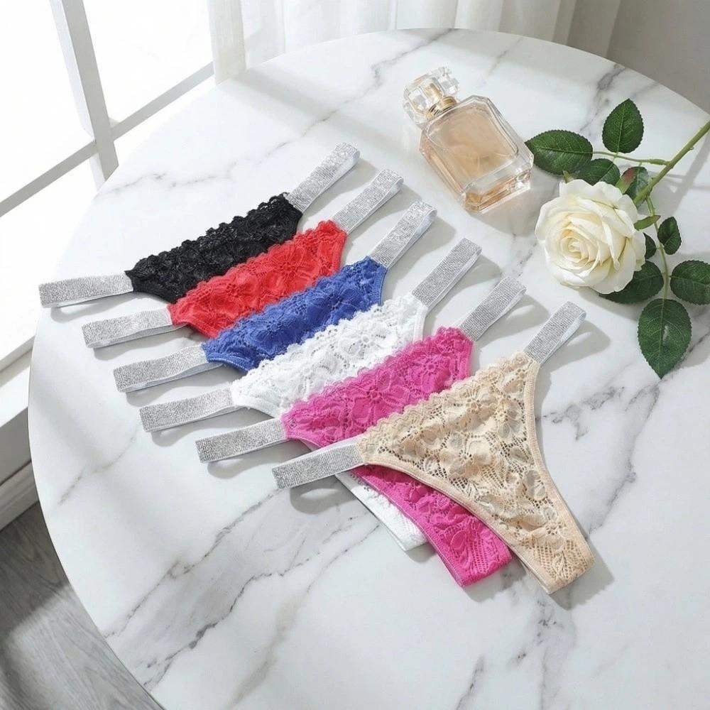 Crystal Rhinestone Thong Mid Waist Mesh Briefs Breathable Lace Flower Panties  Girl