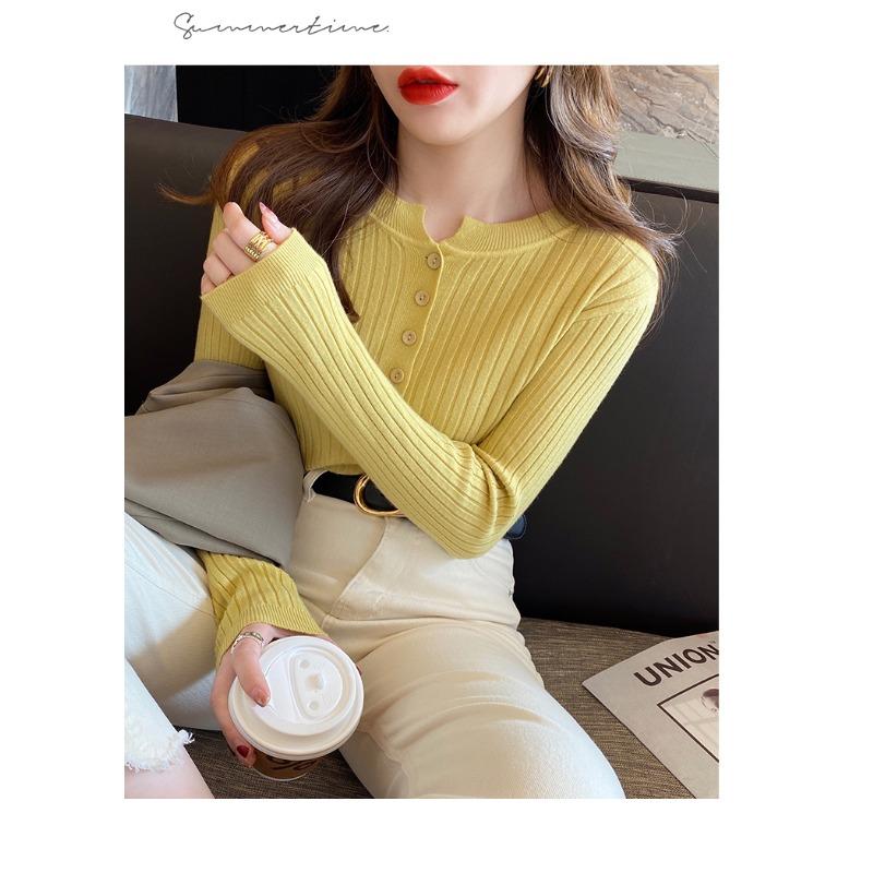 Fashion Crew Neck Knitted Women Pullover Sweater Autumn and Winter Long Sleeve Slim Fit Inner Bottoming Shirt Office Elegant Buttons Tops Clothing