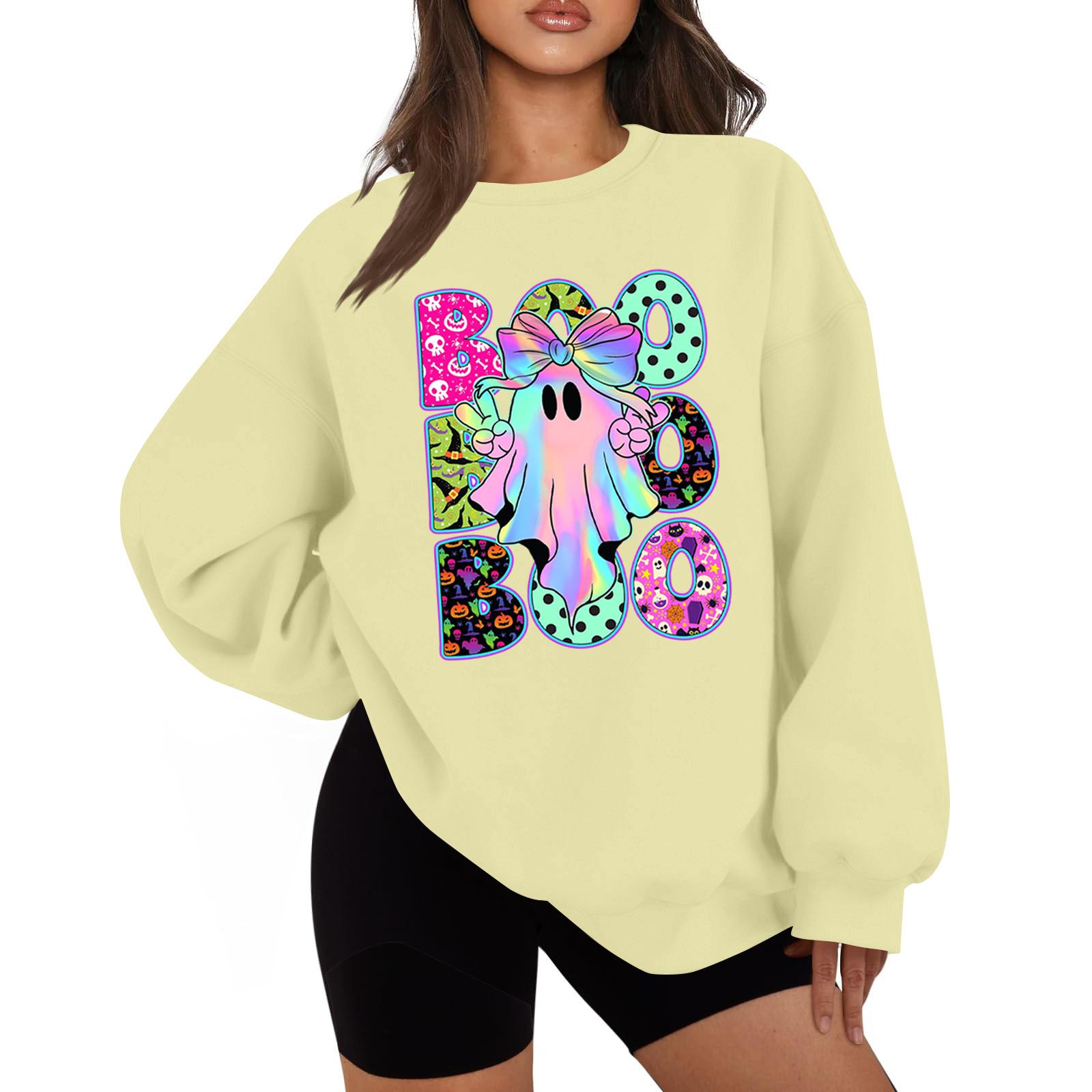 

Женская мода повседневная блузка с длинным рукавом и принтом на Хэллоуин с круглым вырезом XXL бежевый